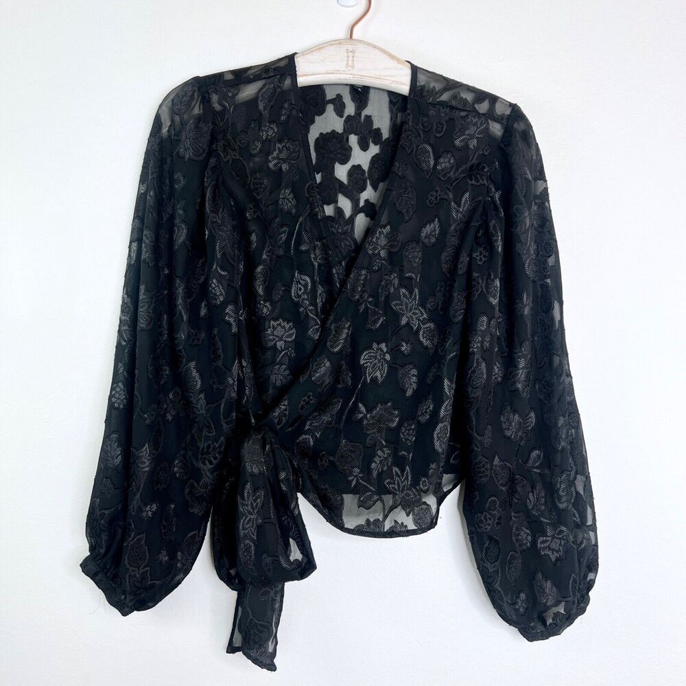 Express Womens Black Long Sleeve Wrap Blouse XS Floral Applique Textured Top